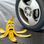 A comical image of a car tyre and a banana peel on the road with expressions of surprise and dismay, cartoon, humor, slip, traction, asphalt, street, vehicle, yellow, funny.