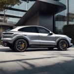 AI image of a sleek 2024 Porsche Cayenne Coupe, modern design, dynamic lines, LED headlights, alloy wheels, sports exhaust, branded calipers, luxury interior, panoramic sunroof, metallic finish