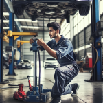 A hydraulic jack lifting a car without the use of a jack stand, professional, car repair, automotive safety, hydraulic equipment, vehicle maintenance, efficiency at work, mechanics, technology in automotive, innovation, workshop